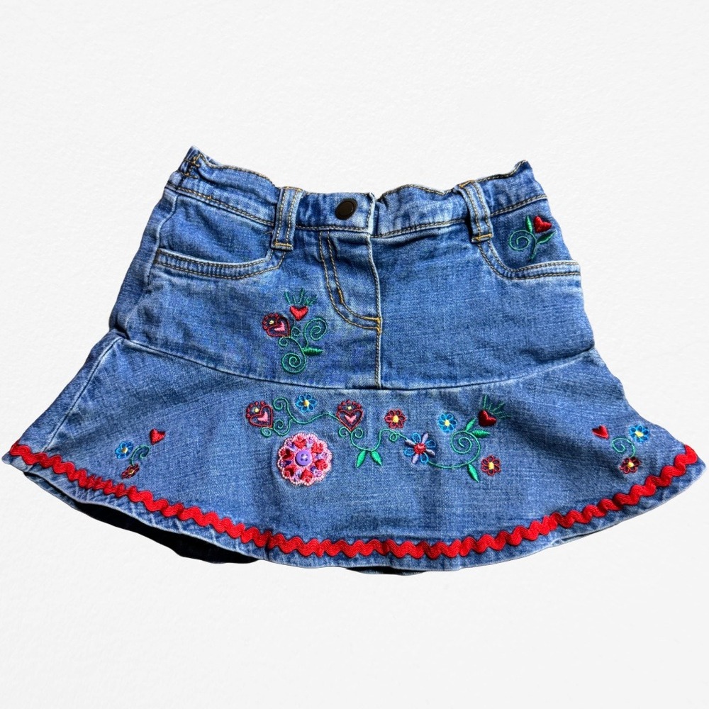 Kidskorner Baby Girls Embroidered Denim Skirt Floral Ric Rac Blue 24M